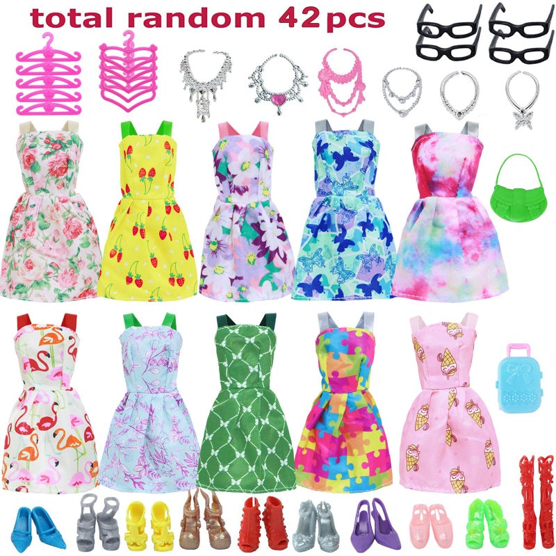 BJDBUS 42 pcs Doll Clothes and Accessories Including 10 pcs Fashion Mini Dresses 32 pcs Shoes, Glasses, Necklaces, Handbag, Hangers Accessories for 11.5 Inch Girl Doll - Image 2